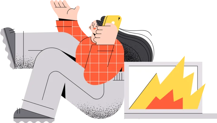 Illustration of a person on a phone next to a laptop showing growth